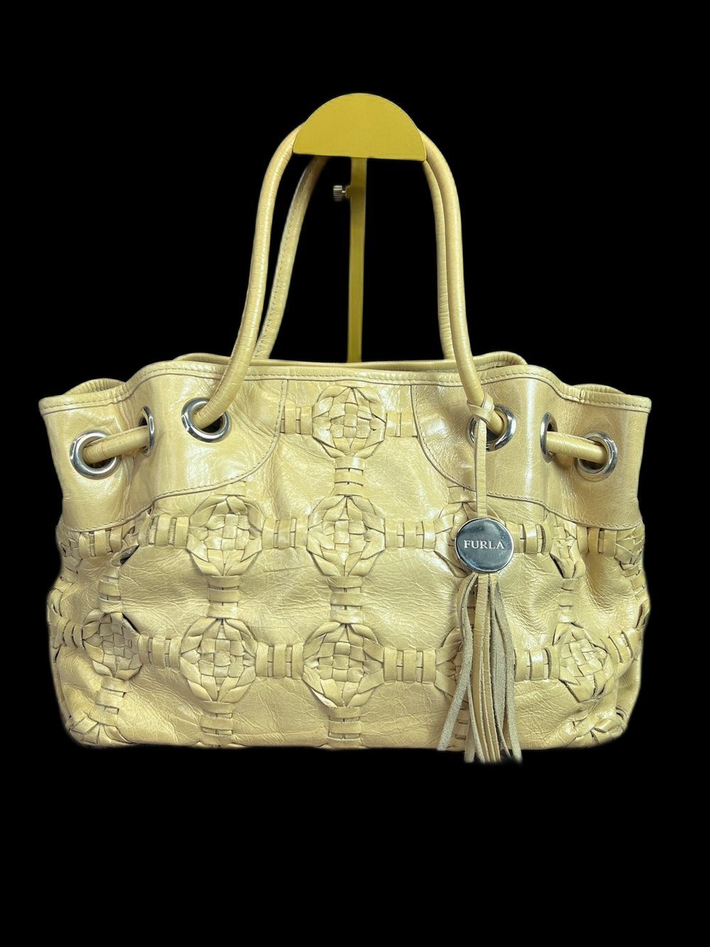 Furla Buttery Yellow Distressed Leather Woven Tote Bag Made in Italy